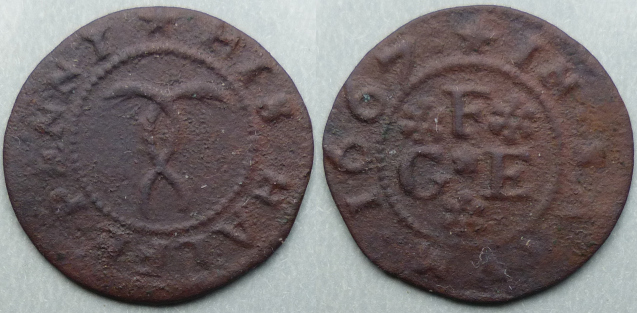 Salisbury, G F (E) 1667 halfpenny token Salisbury, G F (E) 1667 halfpenny token
